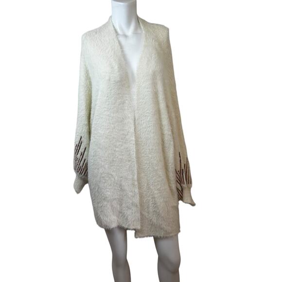 Rain + Rose Cream Soft Open Puff Sleeve with Sequin Cardigan sz L $122 orig NWT - Picture 1 of 11